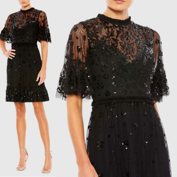 $498 NEW MAC DUGGAL SEQUIN HIGH NECK BLACK SHORT SLEEVE MINI DRESS 10 NWT - Picture 1 of 5